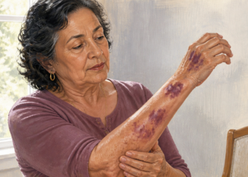 Mujer mayor observa varios moretones de color morado en el antebrazo mientras sostiene el brazo con la otra mano, junto a una ventana iluminada.