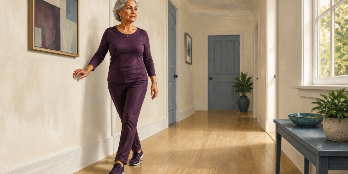 Mujer mayor caminando en línea por un pasillo de casa, con un pie delante del otro y una mano cerca de la pared, mientras viste ropa deportiva.