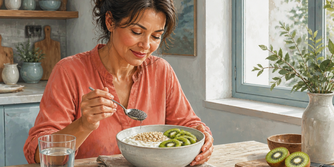 Mujer preparando un desayuno con yogur, copos de avena, kiwi y semillas de chía, acompañado por un vaso de agua sobre una mesa de cocina.