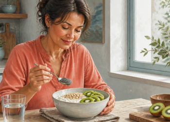 Mujer preparando un desayuno con yogur, copos de avena, kiwi y semillas de chía, acompañado por un vaso de agua sobre una mesa de cocina.