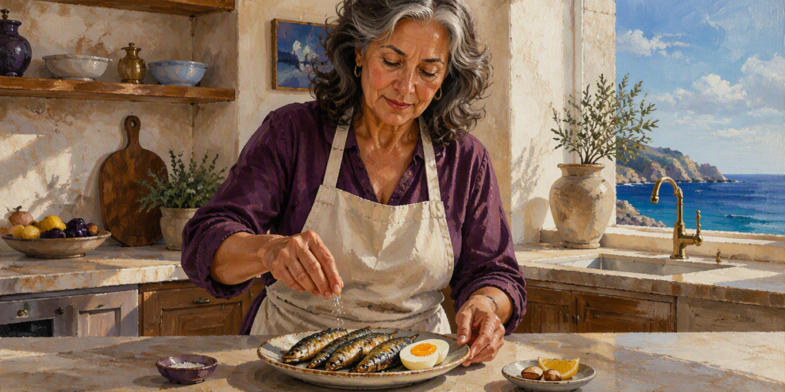 Mujer madura en una cocina luminosa añade sal a un plato con pescado y medio huevo, junto a limón y otros ingredientes, en una escena relacionada con alimentos para cuidar la tiroides.