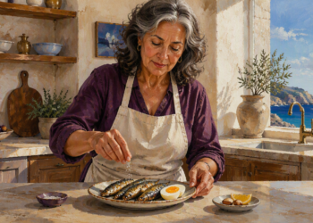 Mujer madura en una cocina luminosa añade sal a un plato con pescado y medio huevo, junto a limón y otros ingredientes, en una escena relacionada con alimentos para cuidar la tiroides.