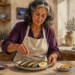 Mujer madura en una cocina luminosa añade sal a un plato con pescado y medio huevo, junto a limón y otros ingredientes, en una escena relacionada con alimentos para cuidar la tiroides.