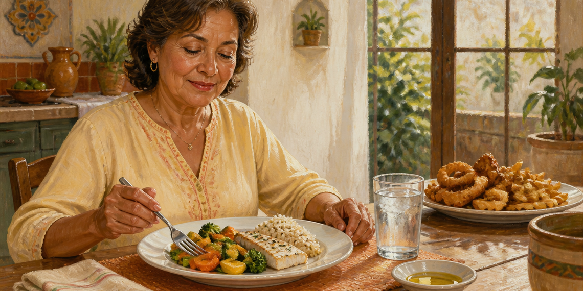 Mujer adulta sentada a la mesa comiendo un plato con pescado, verduras y arroz, con un vaso de agua delante y una fuente de fritos al fondo.
