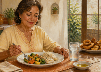 Mujer adulta sentada a la mesa comiendo un plato con pescado, verduras y arroz, con un vaso de agua delante y una fuente de fritos al fondo.