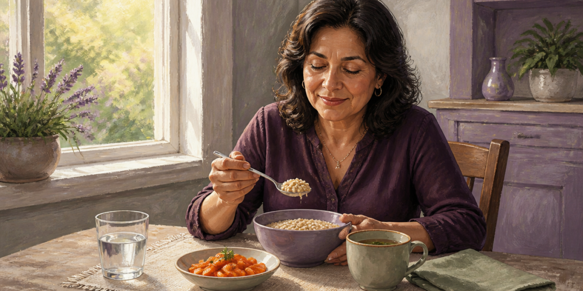 Mujer sentada a la mesa come una preparación de cereal cocido junto a un plato de verduras, una taza y un vaso de agua en una cocina luminosa.