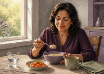 Mujer sentada a la mesa come una preparación de cereal cocido junto a un plato de verduras, una taza y un vaso de agua en una cocina luminosa.