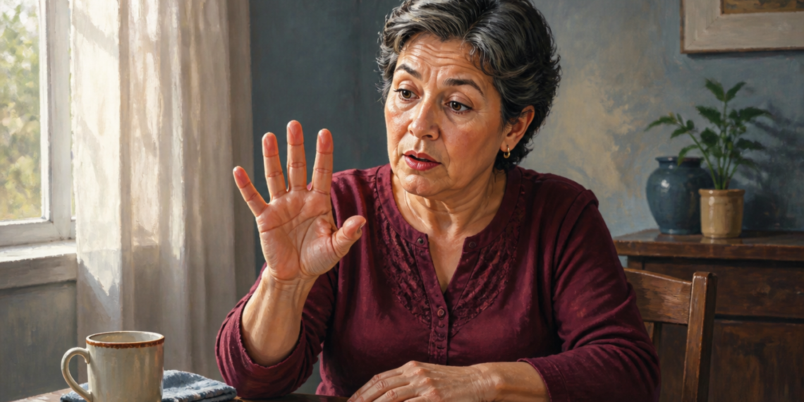 Mujer mayor sentada a una mesa, observando su mano levantada con los dedos extendidos mientras gesticula, junto a una taza y una ventana iluminada.