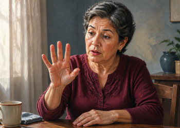 Mujer mayor sentada a una mesa, observando su mano levantada con los dedos extendidos mientras gesticula, junto a una taza y una ventana iluminada.
