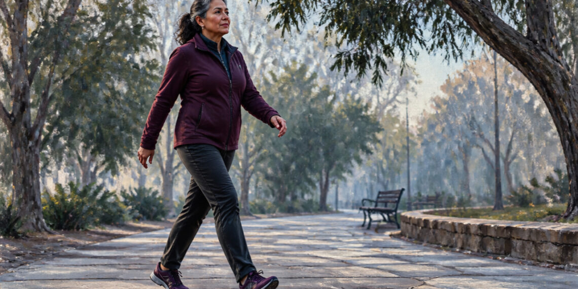 Mujer de mediana edad caminando a paso ligero por un sendero de parque arbolado, vestida con ropa deportiva y zapatillas.