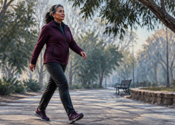 Mujer de mediana edad caminando a paso ligero por un sendero de parque arbolado, vestida con ropa deportiva y zapatillas.