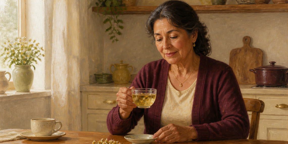 Mujer mayor sentada a la mesa en una cocina luminosa, sosteniendo una taza de infusión suave frente a ella, con otra taza, flores secas y utensilios de cocina al fondo.