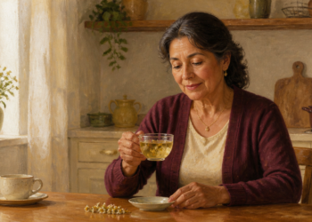 Mujer mayor sentada a la mesa en una cocina luminosa, sosteniendo una taza de infusión suave frente a ella, con otra taza, flores secas y utensilios de cocina al fondo.