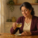 Mujer mayor sentada a la mesa en una cocina luminosa, sosteniendo una taza de infusión suave frente a ella, con otra taza, flores secas y utensilios de cocina al fondo.