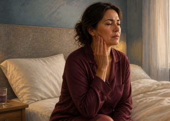Mujer sentada en la cama al despertar se toca la mandíbula con una mano, con gesto de molestia, junto a un vaso de agua sobre la mesita de noche.
