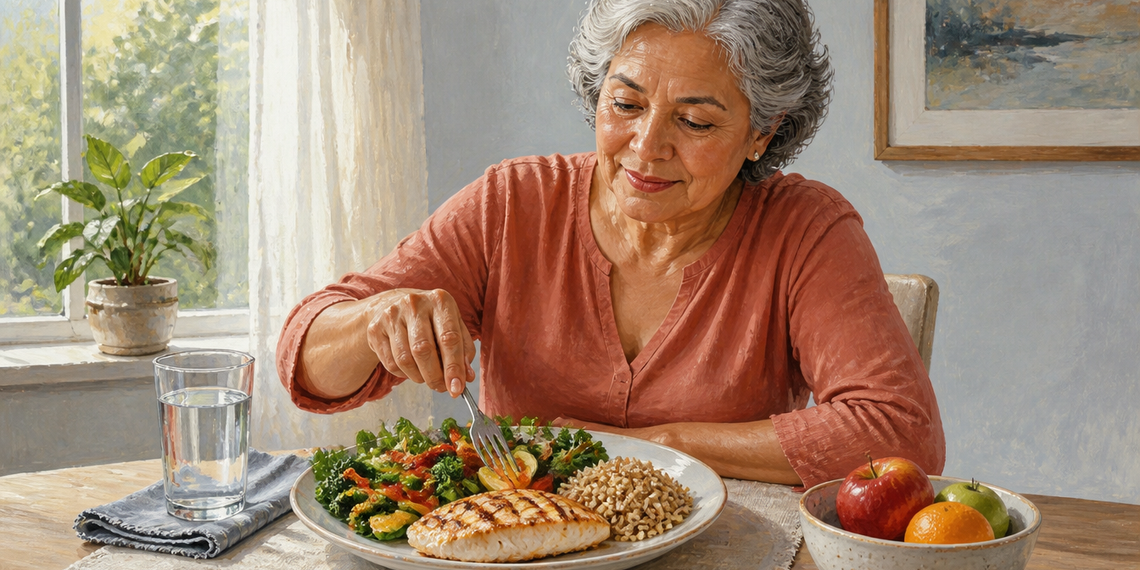 Mujer mayor sentada a la mesa mientras come un plato con proteína a la plancha, verduras, arroz y un vaso de agua junto a una ventana iluminada.