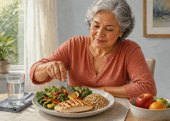 Mujer mayor sentada a la mesa mientras come un plato con proteína a la plancha, verduras, arroz y un vaso de agua junto a una ventana iluminada.