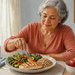 Mujer mayor sentada a la mesa mientras come un plato con proteína a la plancha, verduras, arroz y un vaso de agua junto a una ventana iluminada.