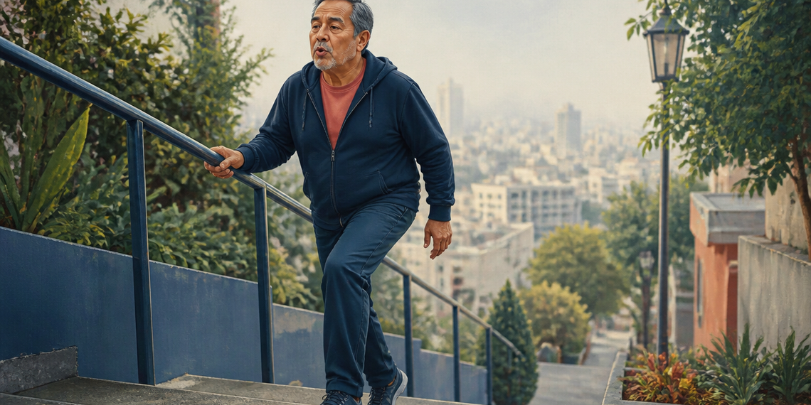 Hombre mayor subiendo unas escaleras al aire libre mientras se apoya en la barandilla, con expresión de esfuerzo y una ciudad desenfocada al fondo.