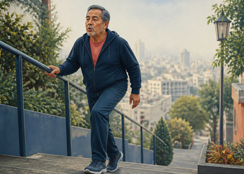 Hombre mayor subiendo unas escaleras al aire libre mientras se apoya en la barandilla, con expresión de esfuerzo y una ciudad desenfocada al fondo.