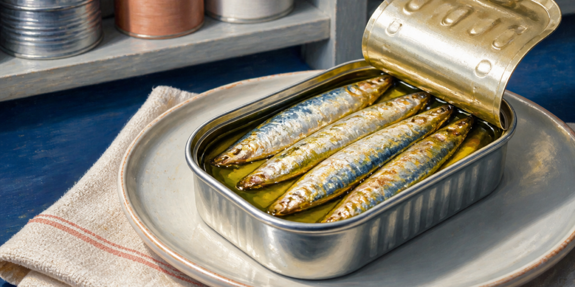 Lata abierta con cuatro sardinas en conserva cubiertas de aceite, colocada sobre un plato junto a un paño de cocina.