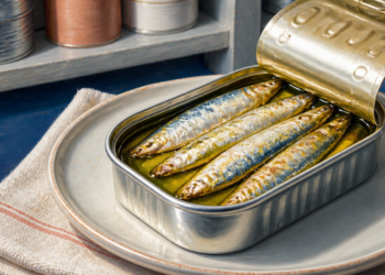Lata abierta con cuatro sardinas en conserva cubiertas de aceite, colocada sobre un plato junto a un paño de cocina.