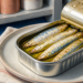 Lata abierta con cuatro sardinas en conserva cubiertas de aceite, colocada sobre un plato junto a un paño de cocina.