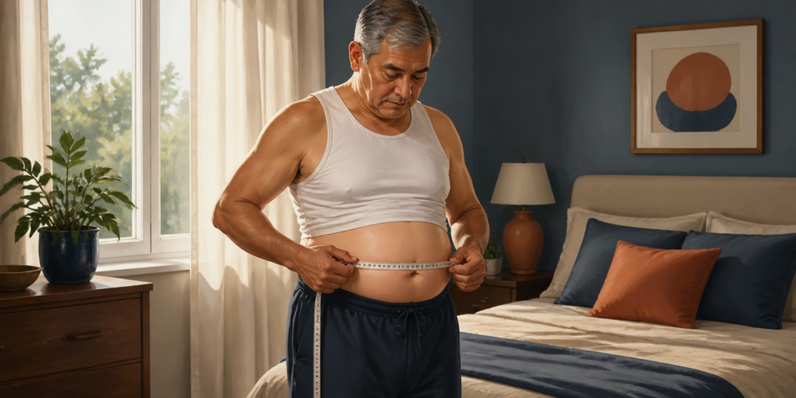 Hombre mayor de pie en un dormitorio midiendo el contorno de su abdomen con una cinta métrica mientras observa su cintura.