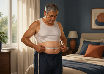 Hombre mayor de pie en un dormitorio midiendo el contorno de su abdomen con una cinta métrica mientras observa su cintura.