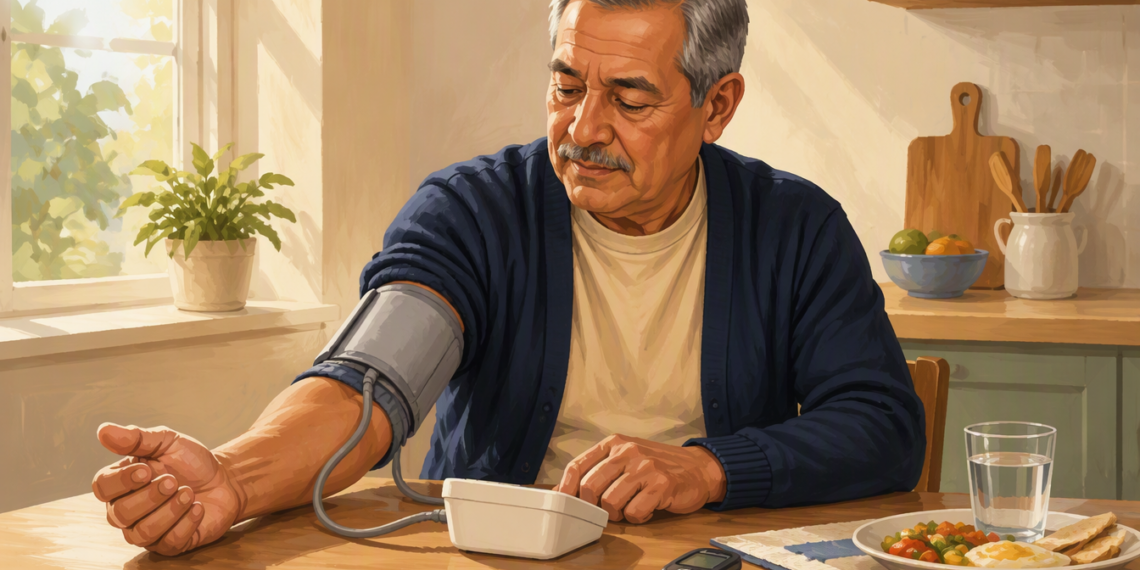 Hombre mayor sentado a la mesa de la cocina midiéndose la presión arterial, con un medidor de glucosa, un vaso de agua y un plato de comida saludable frente a él.
