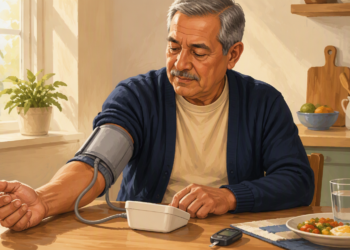 Hombre mayor sentado a la mesa de la cocina midiéndose la presión arterial, con un medidor de glucosa, un vaso de agua y un plato de comida saludable frente a él.