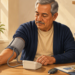 Hombre mayor sentado a la mesa de la cocina midiéndose la presión arterial, con un medidor de glucosa, un vaso de agua y un plato de comida saludable frente a él.