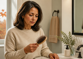 Mujer de mediana edad en un baño observando un cepillo con numerosos cabellos atrapados entre las cerdas, en una escena relacionada con la caída del cabello en otoño.