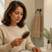 Mujer de mediana edad en un baño observando un cepillo con numerosos cabellos atrapados entre las cerdas, en una escena relacionada con la caída del cabello en otoño.