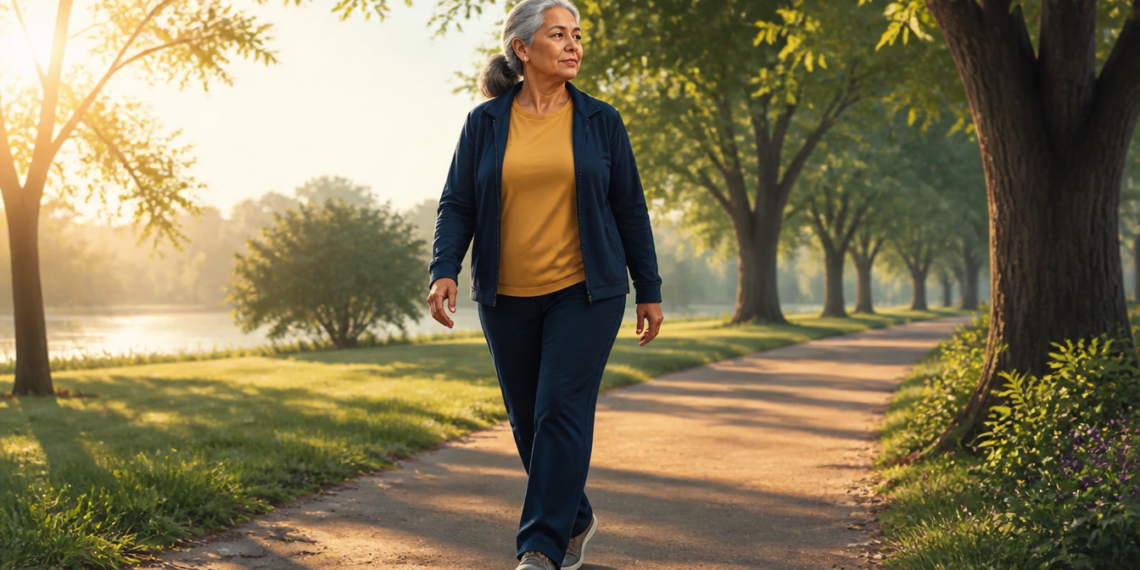 Mujer mayor caminando por un sendero arbolado junto a un lago, iluminada por la luz cálida del sol, en una escena relacionada con la actividad física y la recuperación de energía después de los 60.