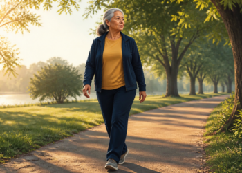 Mujer mayor caminando por un sendero arbolado junto a un lago, iluminada por la luz cálida del sol, en una escena relacionada con la actividad física y la recuperación de energía después de los 60.