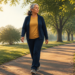 Mujer mayor caminando por un sendero arbolado junto a un lago, iluminada por la luz cálida del sol, en una escena relacionada con la actividad física y la recuperación de energía después de los 60.