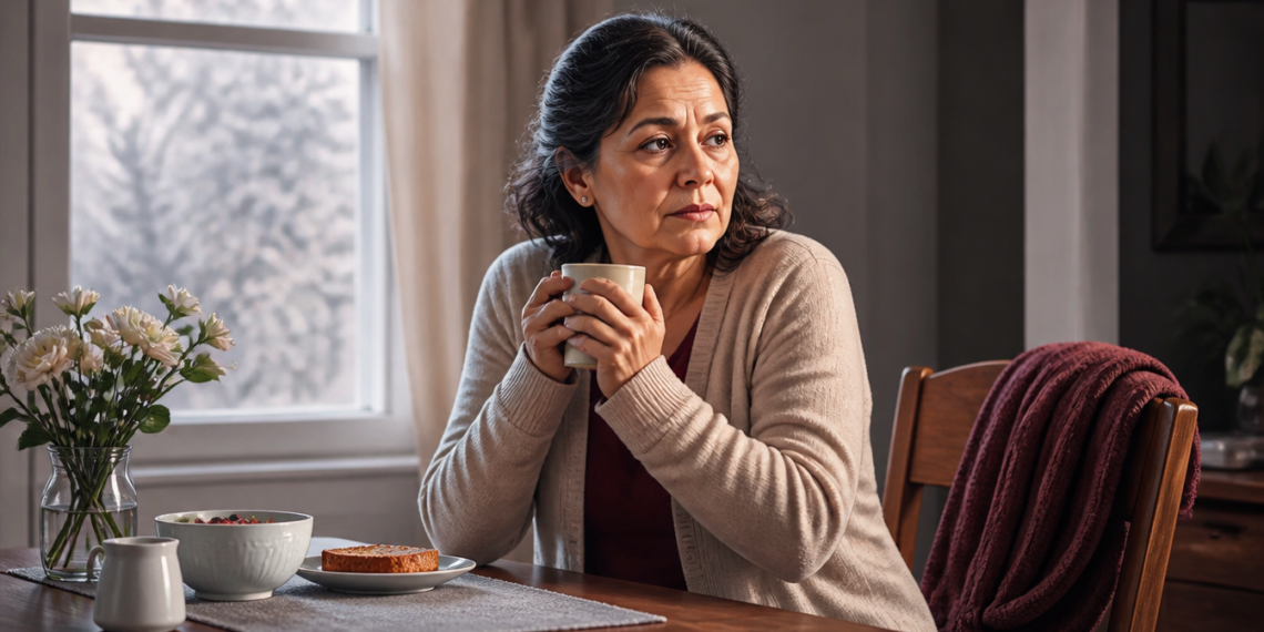 Mujer de mediana edad sentada a la mesa junto a una ventana, sosteniendo una taza caliente y con una manta sobre la silla, en una escena relacionada con síntomas como cansancio y sensación de frío asociados al hipotiroidismo.