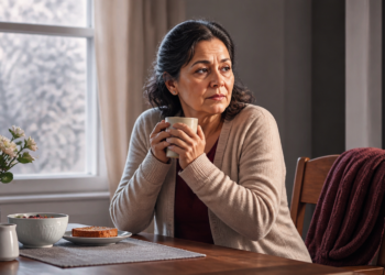 Mujer de mediana edad sentada a la mesa junto a una ventana, sosteniendo una taza caliente y con una manta sobre la silla, en una escena relacionada con síntomas como cansancio y sensación de frío asociados al hipotiroidismo.