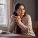 Mujer de mediana edad sentada a la mesa junto a una ventana, sosteniendo una taza caliente y con una manta sobre la silla, en una escena relacionada con síntomas como cansancio y sensación de frío asociados al hipotiroidismo.