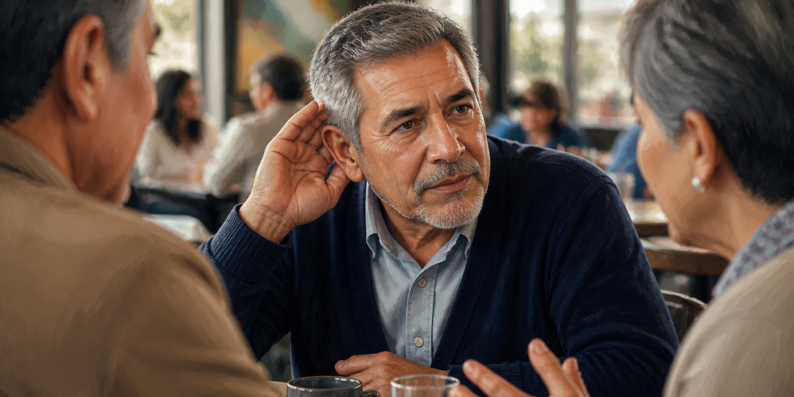 Hombre mayor en una cafetería inclinándose hacia dos personas y acercando una mano al oído para escuchar mejor durante una conversación, en una escena relacionada con la audición con la edad.