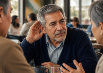 Hombre mayor en una cafetería inclinándose hacia dos personas y acercando una mano al oído para escuchar mejor durante una conversación, en una escena relacionada con la audición con la edad.