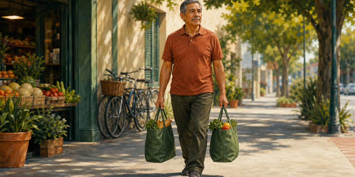 Hombre mayor caminando por una acera mientras carga dos bolsas de compras, una en cada mano, con frutas, verduras y pan visibles en su interior.