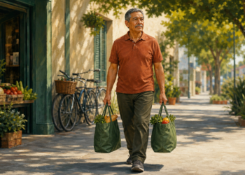 Hombre mayor caminando por una acera mientras carga dos bolsas de compras, una en cada mano, con frutas, verduras y pan visibles en su interior.