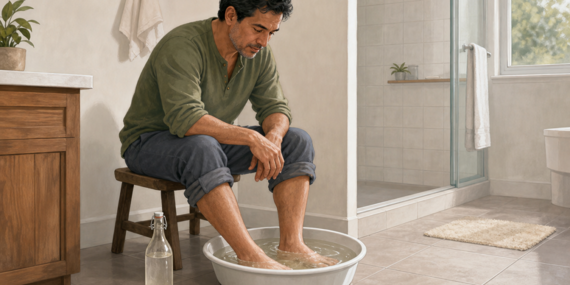Hombre sentado en un baño con los pies dentro de una palangana con agua, junto a una botella transparente, en una escena relacionada con un baño casero para el olor de pies.