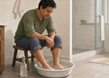 Hombre sentado en un baño con los pies dentro de una palangana con agua, junto a una botella transparente, en una escena relacionada con un baño casero para el olor de pies.