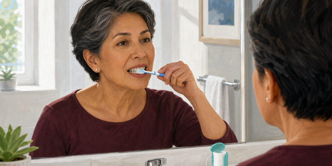 Mujer mayor cepillándose los dientes frente al espejo del baño, con un recipiente de hilo dental junto al lavabo durante su rutina de higiene bucal.