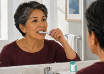 Mujer mayor cepillándose los dientes frente al espejo del baño, con un recipiente de hilo dental junto al lavabo durante su rutina de higiene bucal.