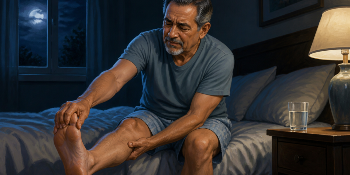 Hombre mayor sentado en la cama durante la noche, sujetándose la pantorrilla y el pie con gesto de dolor, junto a un vaso de agua sobre la mesita.