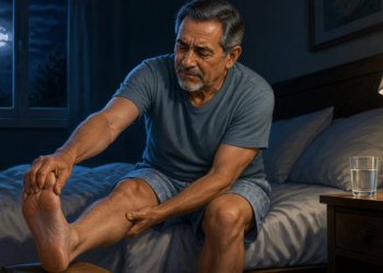 Hombre mayor sentado en la cama durante la noche, sujetándose la pantorrilla y el pie con gesto de dolor, junto a un vaso de agua sobre la mesita.